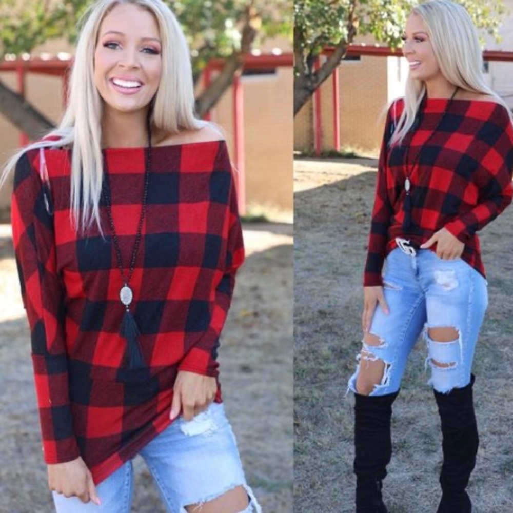 Buffalo check off the shoulder sweater